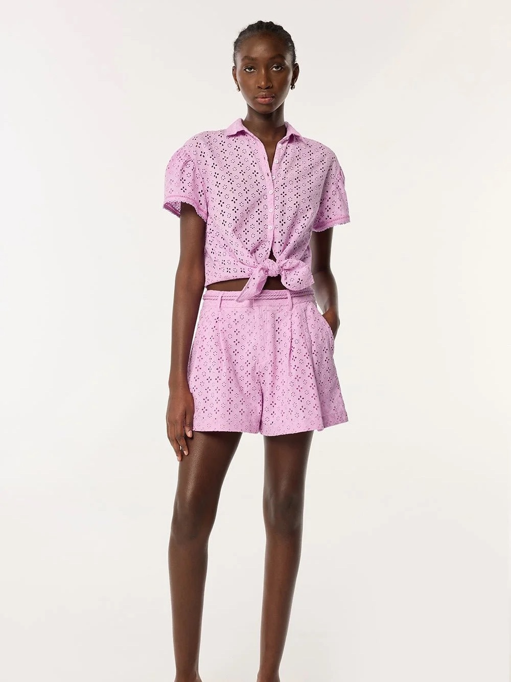 Poupette St. Barth Linen Light Purple Eyelet Tie-Front Blouse